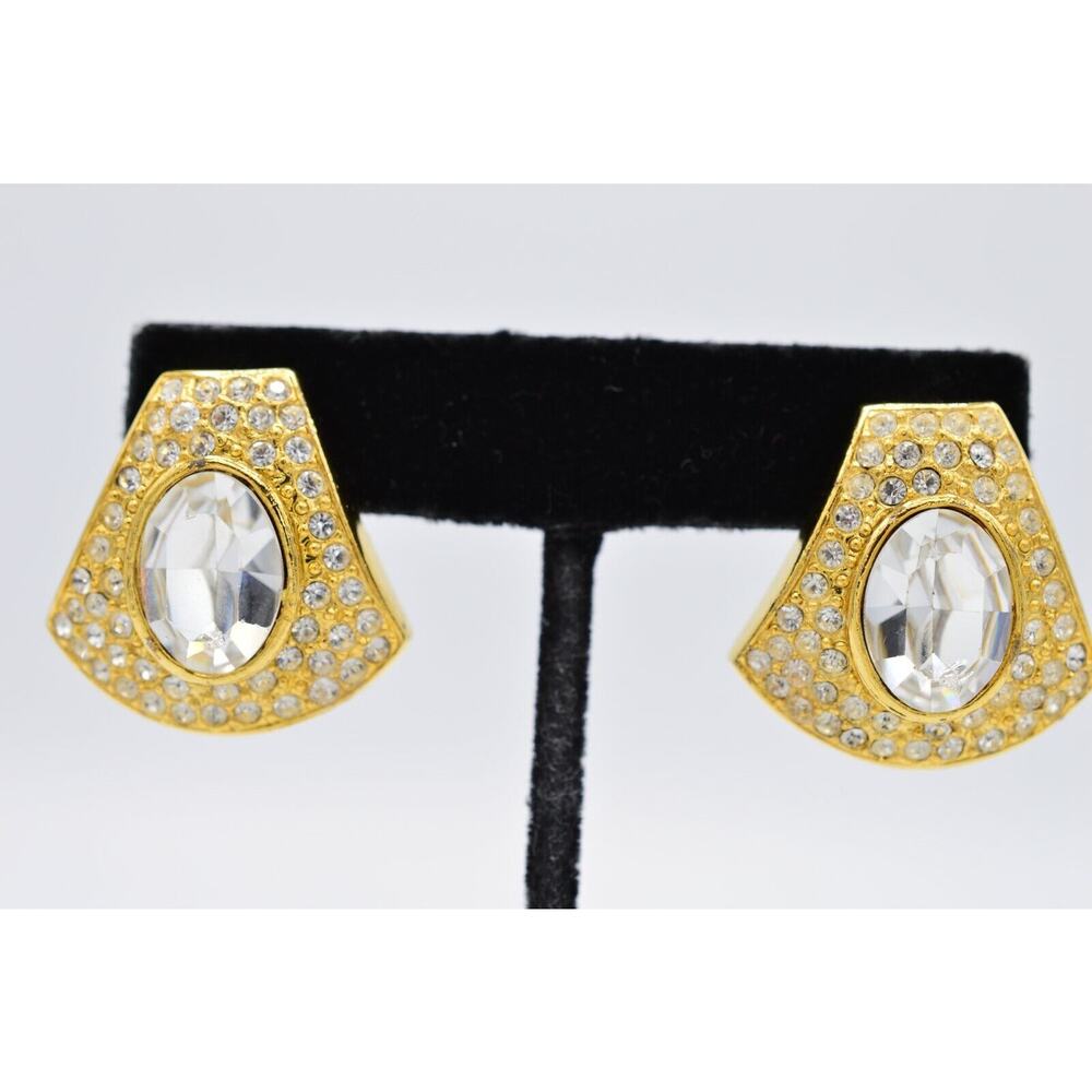 Givenchy Vintage Crystal Clip On Earrings Rhinestone Chunky Gold Signed 1980s 9C